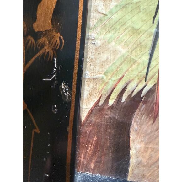 Vintage Asian Art Lacquered Panel Hand-Painted Scene Parrot Butterflies & Grapes - Picture 10 of 10